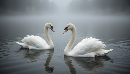 two swans are swimming in a lake with fog landscape background,