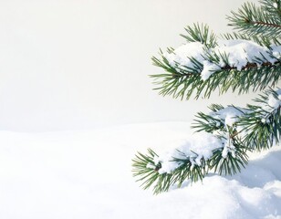Pine branches with snow on a light background, simple and calm, with a focus on natural textures and white color.