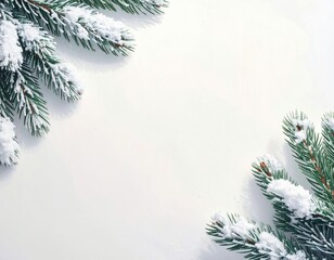 Snow-covered pine branches on a light background, soft and calm, highlighting natural textures and white color.