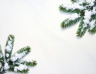 Snow-covered pine branches on light background, calm and simple, focusing on natural textures and white hue.