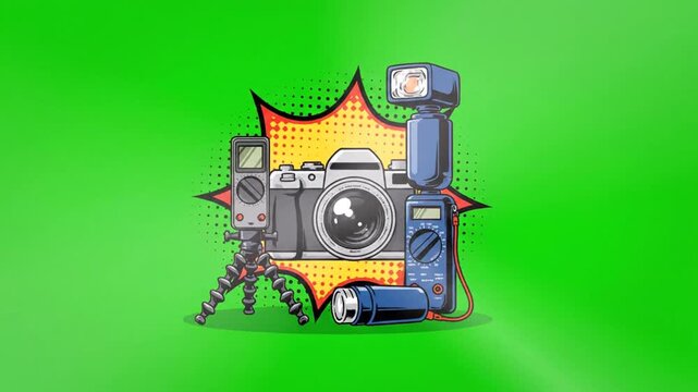 Camera equipment illustration on green screen background