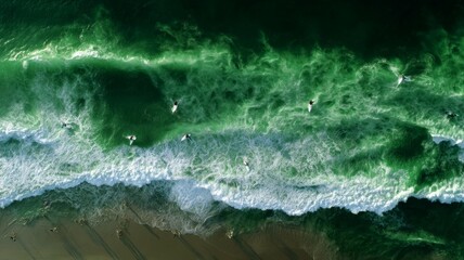 Aerial view of surfers riding green ocean waves. AI image