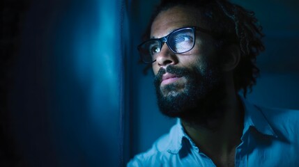 Obraz premium A man with glasses and a beard illuminated by cool blue light looks intently to the side in a dark modern environment