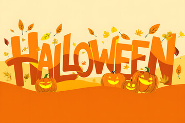 Halloween Banner with Glowing Pumpkins and Falling Autumn Leaves