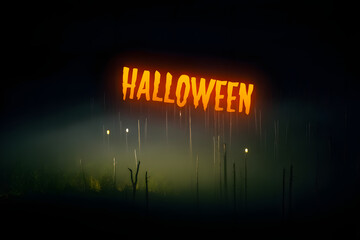 Spooky Halloween Forest Scene with Glowing Pumpkins and Mist