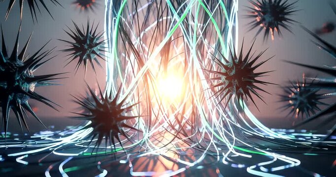 Abstract representation of glowing energy waves and spiky forms in a surreal landscape