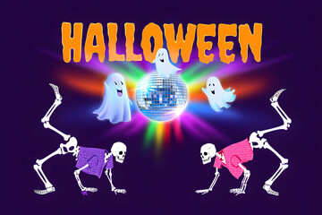 Festive Halloween Banner with Dancing Skeletons and Disco Lights