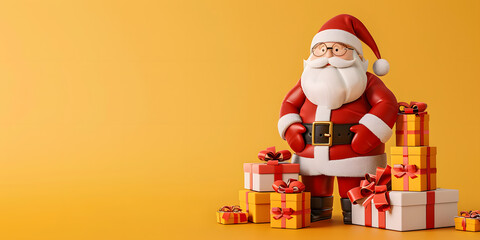 A joyful illustration showcases a jolly figure wearing a red suit and hat, surrounded by numerous festive gift boxes, against a vibrant orange background, creating a cheerful Christmas holiday scene.