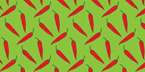 Red Chili Pepper Pattern On Bright Green Background For Food And Design Projects