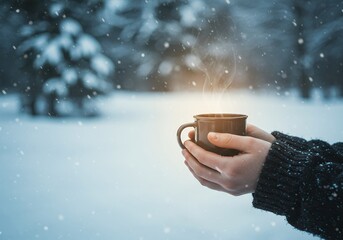 Hands cradle a hot mug amid falling snow at night!
