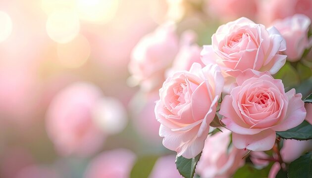 Lush Pink and White Roses Bloom Under Soft Natural Daylight Featuring Delicate Petals and Green Leaves In Blurred Bokeh Background