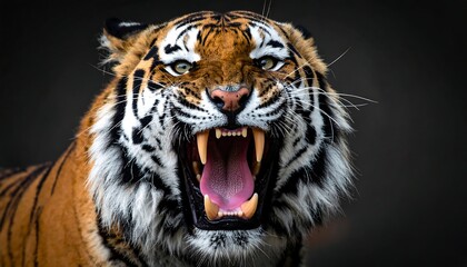 Roaring tiger with open jaws and teeth