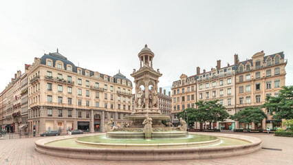 Hyperlapse of Place des Jacobins in Lyon, France, featuring the ornate Fontaine des Jacobins surrounded by historic buildings.