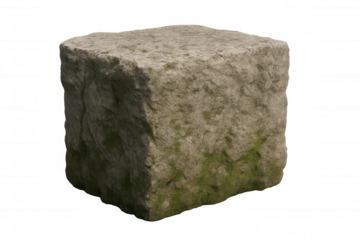 Stone cube with textured surface and green moss, isolated rock block on transparent background