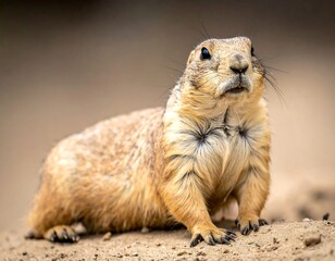 Close-up of a plump prairie dog.  It's alert, facing forward, and looking upward.  Light tan fur, short legs, and dark eyes are visible.  Soft-focus background