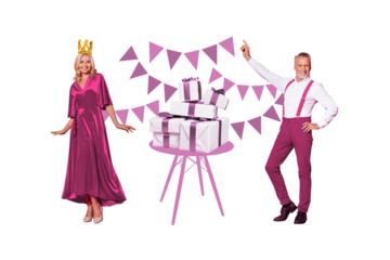 Composite trend artwork sketch image collage of middle age lady crown royal stand style dress happy birthday anniversary party man dance