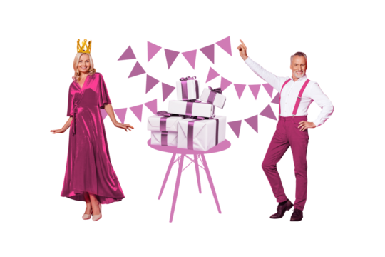 Composite trend artwork sketch image collage of middle age lady crown royal stand style dress happy birthday anniversary party man dance