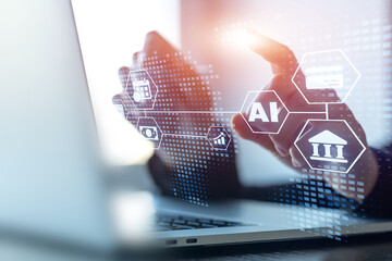 Business and AI technology concept with hands on keyboard and futuristic icons overlay.