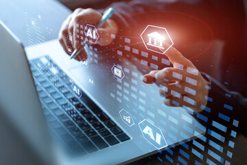 Corporate innovation background with laptop and AI-driven business analytics overlay.