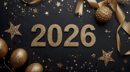 Golden New Year's 2026: Glimmering gold decorations shimmer against a deep, dark backdrop, heralding the arrival of the new year. The image evokes a sense of anticipation, sophistication.