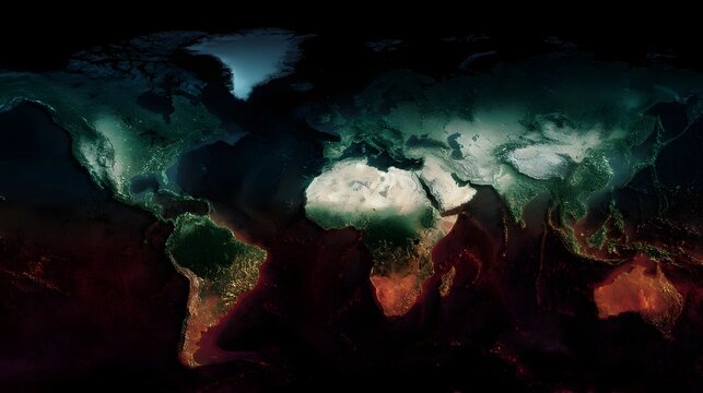 Global world map with a striking colorful heatmap overlay visualizing data and environmental conditions