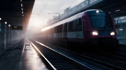 Fototapeta premium Modern train arrives at a wet misty station platform bathed in soft morning light