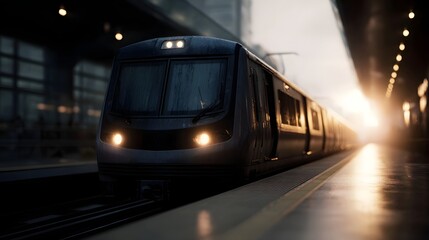 Naklejka premium A modern train arrives at a dimly lit station platform with warm morning light in the distance