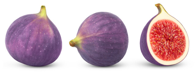 Figs isolated set. Collection of ripe fig and half of fig with clipping path