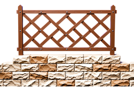 Brown Lattice Fence Panel on Transparent Background, Rustic Stone Wall Design Element