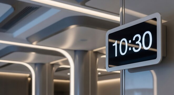 A digital display shows 1030 indoors with modern architectural elements in the background