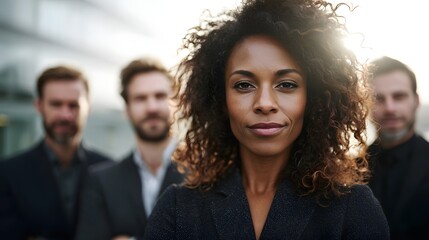Obraz premium Diverse business team in professional attire standing confidently outside a modern office building bathed in morning light