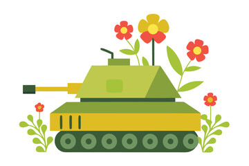 A cheerful, stylized green tank decorated with colorful flowers creates a friendly, nature-inspired military toy scene perfect for children's books, educational content, or decorative illustrations