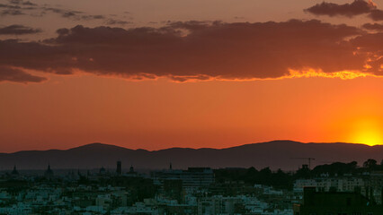 Panoramic sunset timelapse View of Madrid, Spain from the hills of Tio Pio Park, Vallecas-Neighborhood.