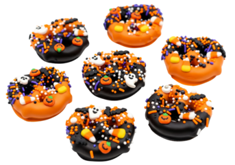 Festive Halloween Mini Donuts with Spooky Sprinkles - Assorted Black and Orange Trick-or-Treat Sweets on White