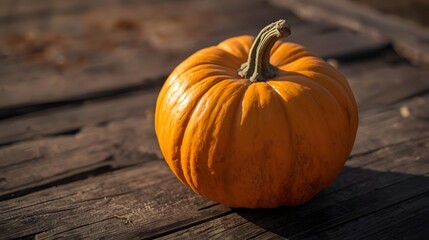 Autumnal Pumpkin on Rustic Timber: A vibrant orange pumpkin sits prominently on aged wooden planks, bathed in the warm glow of natural light, representing the heart of the harvest season.