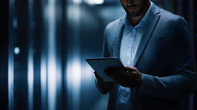 A professional businessman in a suit jacket holds a tablet focused on its screen within a dimly lit modern data center with illuminated server racks