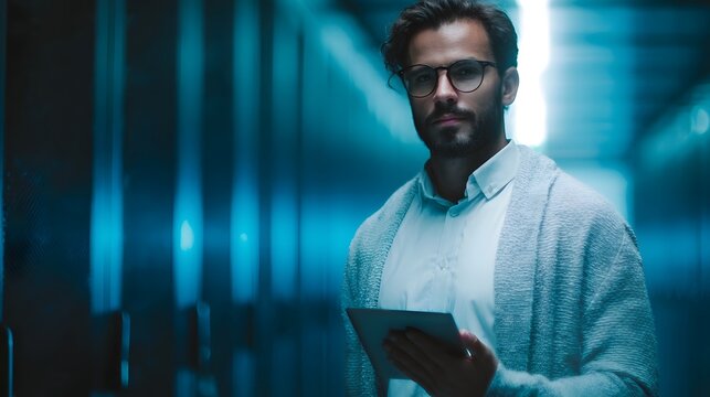 A professional man in glasses holds a tablet in a futuristic blue lit data center