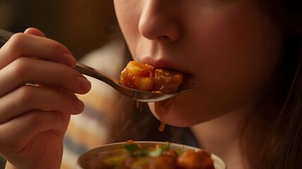 Sensory Delight: A close-up shot of a person savoring a delicious meal, capturing the anticipation and satisfaction of a flavorful experience.