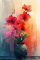 A vibrant vase of orange orchids against a colorful background, showcasing floral beauty and artistic expression.