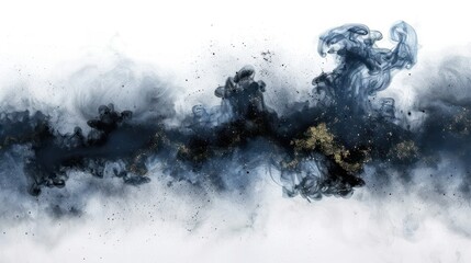 An abstract composition featuring swirling dark smoke and golden speckles, evoking a cosmic or mystical atmosphere.