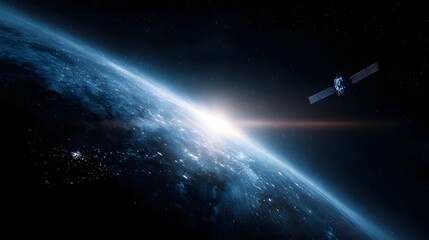 Obraz premium Satellite orbiting Earth at sunrise transmitting data connecting the world through advanced technology in space
