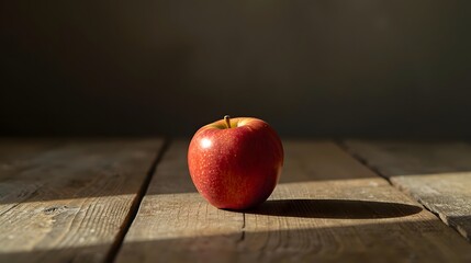 Fresh Apple and Sunlight: A solitary, vibrant red apple sits atop a rustic wooden table, bathed in the warm embrace of morning sunlight. Shadows dance.