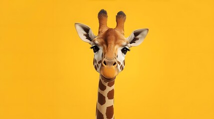 A Majestic Giraffe Gazing : A striking portrait of a giraffe, showcasing its unique coat and gentle gaze against a vibrant yellow backdrop.