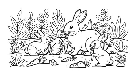 Family of rabbits, including a mother and baby bunnies, eating carrots peacefully in a grassy garden with plants and flowers.