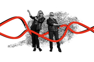 Composite trend artwork sketch photo collage of monochrome couple aged couple woman man dance party...