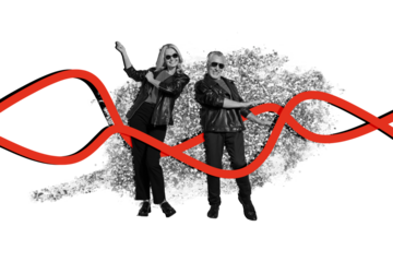 Composite trend artwork sketch photo collage of monochrome couple aged couple woman man dance party moving fashion style eyewear clothes