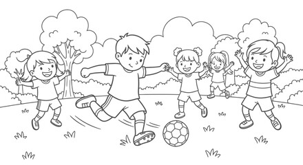 Happy group of diverse children playing soccer cheerfully on a grassy field outdoors.