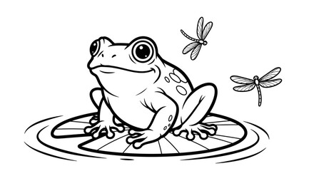 Cute Frog Sitting Peacefully on Lily Pad with Dragonflies, Isolated White Background, Line Art.