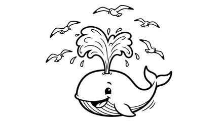 Happy Baby Whale Spraying Water with Seagulls, Isolated White Background, Line Art.