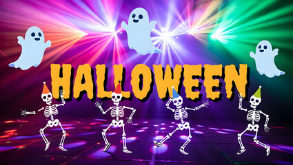 Festive Halloween Banner with Dancing Skeletons and Disco Lights